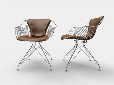 Modern Leisure Chairs With Brown Leather Seats And Silver Metal Wireframe Design 3d model