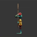 Cartoon Frog Character With Big Red Eyes Blue Body Yellow Red Outfit And Spear