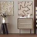 Modern Elegant Nightstand Design With Perforated Door Decorative Paintings And Flower Vase