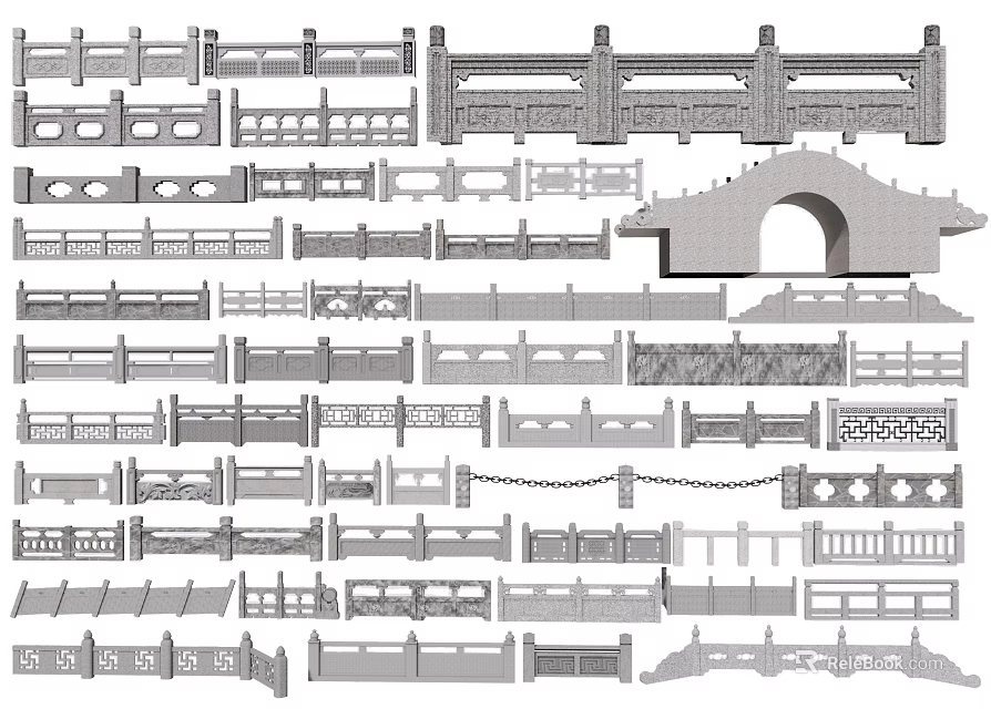 Various Types Of Architectural Fence Designs With Decorative Patterns And Railings 3d model 