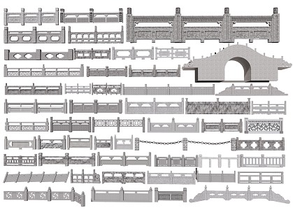 Chinese-style stone railing guardrail fence stone railing fence handrail stone arch bridge 3d model