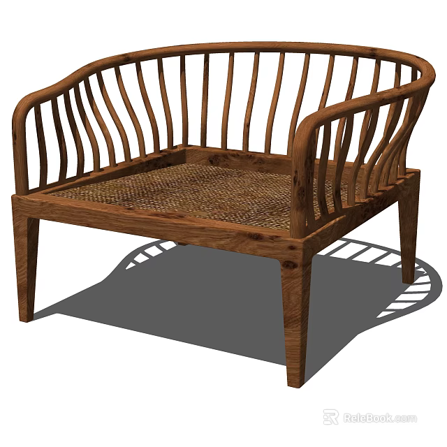 Natural Wooden Armchair with Slender Slat Backrest and Rattan Seat Design 3d model 