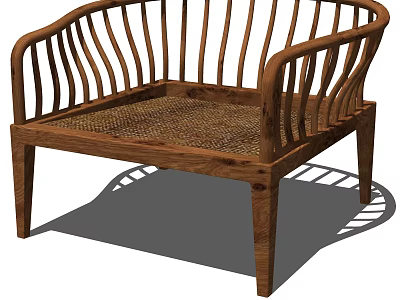 Natural Wooden Armchair with Slender Slat Backrest and Rattan Seat Design 3d model