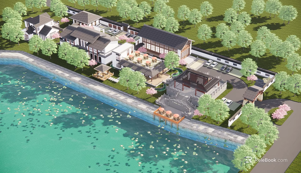 Waterfront Boutique Guesthouse Complex With Lush Trees Courtyard And Parking Area 3d model 