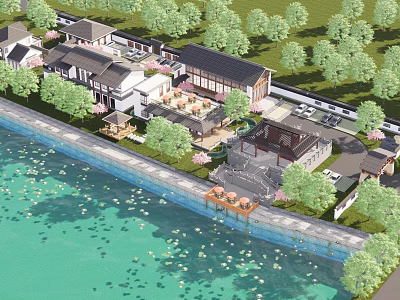 Waterfront Boutique Guesthouse Complex With Lush Trees Courtyard And Parking Area 3d model