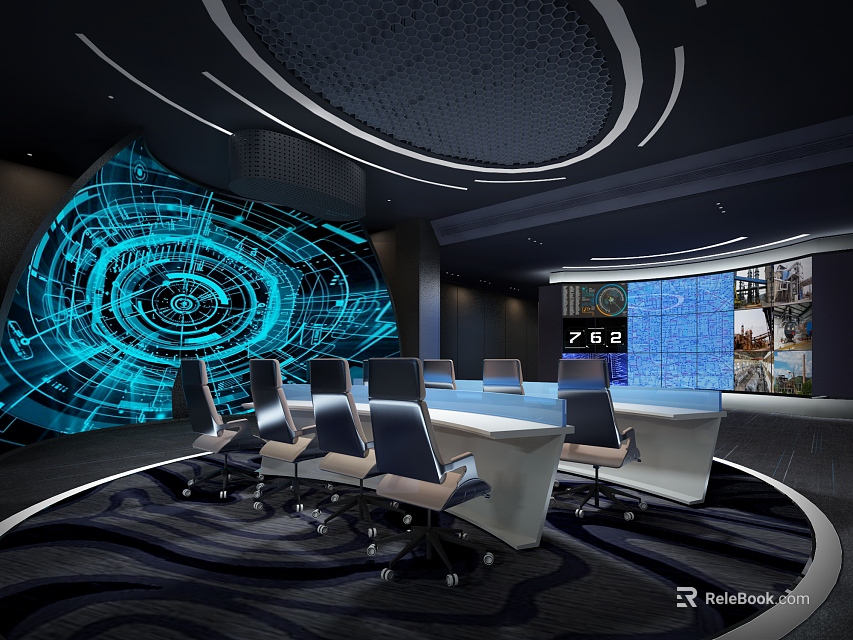 Modern Control Room Interior With Multiple Digital Screens And Round Conference Table Setup 3d model 
