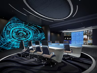 Modern Control Room Interior With Multiple Digital Screens And Round Conference Table Setup 3d model