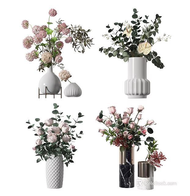 Various Decorative Vases With Fresh Floral Arrangements Pink Roses Eucalyptus And White Blooms 3d model 