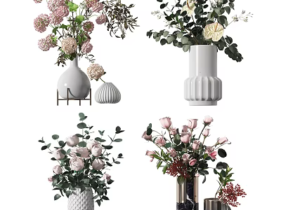 Various Decorative Vases With Fresh Floral Arrangements Pink Roses Eucalyptus And White Blooms 3d model