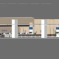 Modern Service Hall Interior With Waiting Area Orange Seats Blue Screens And Green Plants