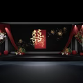 Wedding Stage Decoration With Red Curtains Flower Arrangements Red Balls And Double Happiness Character