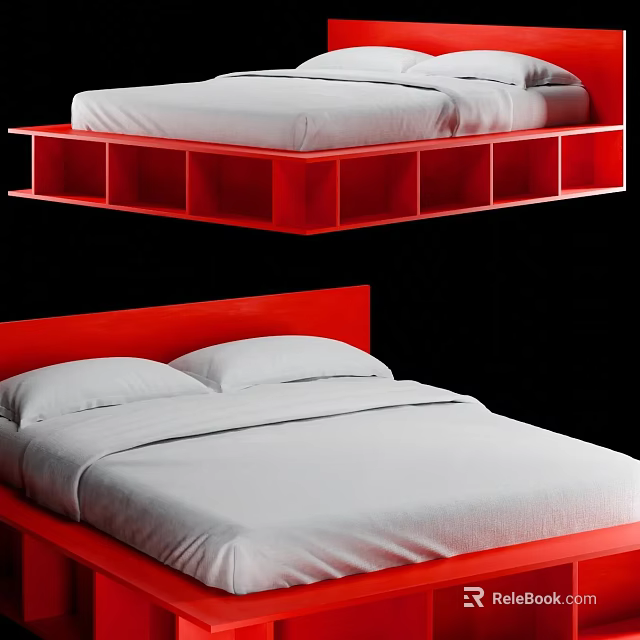 Red Double Bed Frame With White Sheets Pillows And Headboard Design 3d model