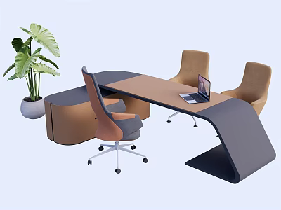 Modern Office Desk Design With Brown Surface Dark Frame Laptop Three Chairs And Green Plant 3d model