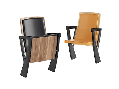 Two Modern Chairs With Wooden Panel Orange Seat Black Armrests And Stable Legs 3d model