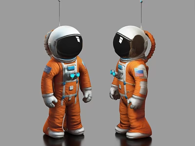 Men in Orange Astronaut Suits with American Flag Patches Against Gray Background 3d model