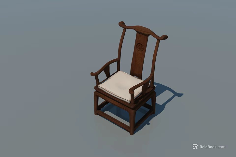 Chinese Style Single Chair With Wooden Frame Curved Backrest And White Cushioned Seat 3d model 