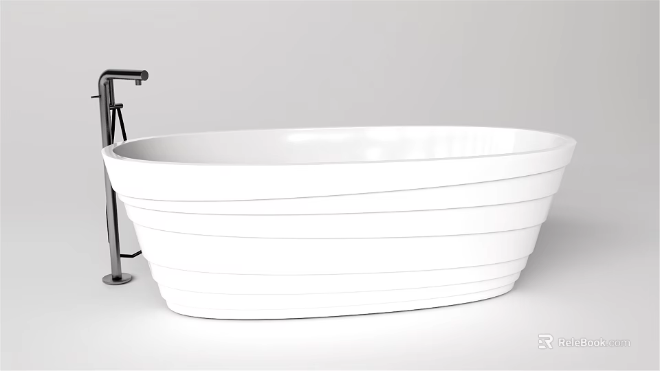 Elegant White Freestanding Bathtub With Textured Lines And Black Faucet 3d model 