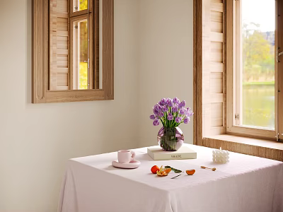 Decorative Ornament Combination Featuring Purple Flowers Vase Pink Cup Fruits On White Tablecloth By Window 3d model