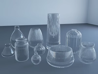 Transparent Glass Vases Collection With Various Shapes Sizes And Textured Designs 3d model