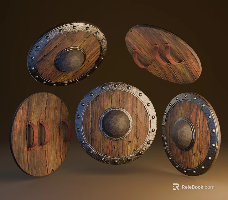 Medieval Shields With Wooden Panels Metal Rims Rivets And Circular Centers 3d model 