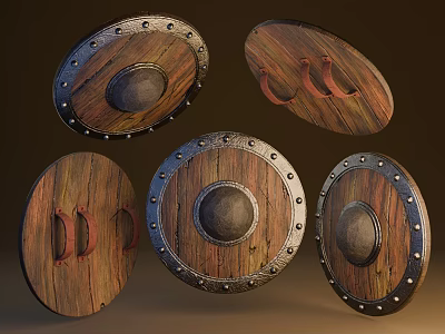 Medieval Shields With Wooden Panels Metal Rims Rivets And Circular Centers 3d model