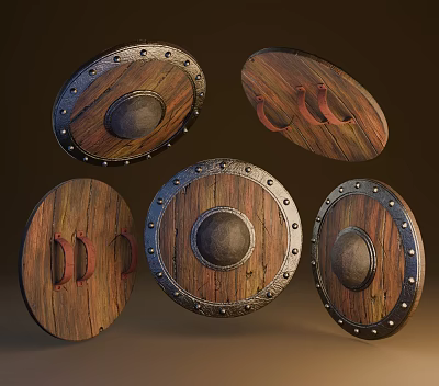 Medieval Shields With Wooden Panels Metal Rims Rivets And Circular Centers 3d model