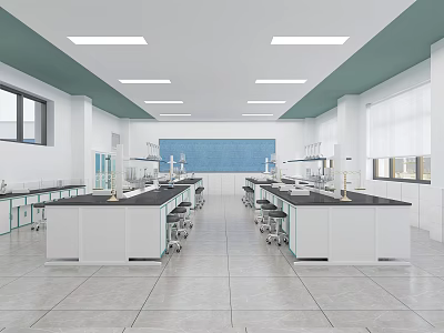 Modern Laboratory Interior With White Lab Benches Blue Backdrop And Scientific Equipment 3d model