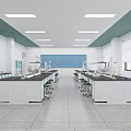 Modern Laboratory Interior With White Lab Benches Blue Backdrop And Scientific Equipment