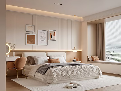 Modern Minimalist Bedroom Interior With Framed Wall Art Accent Chair Bedside Lamp And Area Rug 3d model
