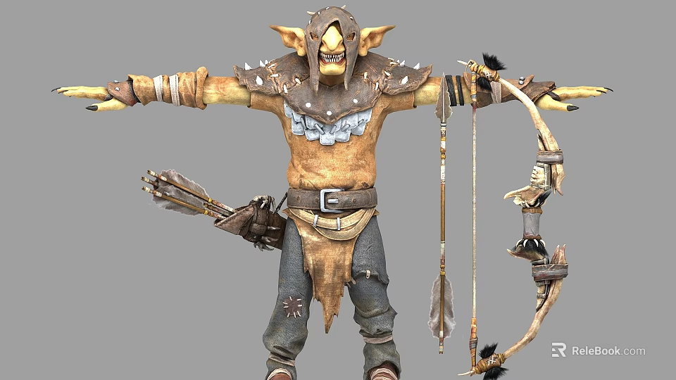 Fierce Fantasy Game Character With Pointed Ears Spiked Armor Bow Quiver And Open Arms 3d model 