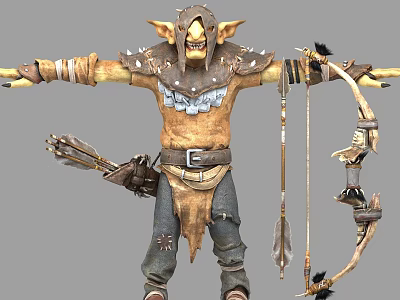 Fierce Fantasy Game Character With Pointed Ears Spiked Armor Bow Quiver And Open Arms 3d model