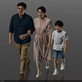 Smiling Parents and Son Walking Hand in Hand Together on Gray Background