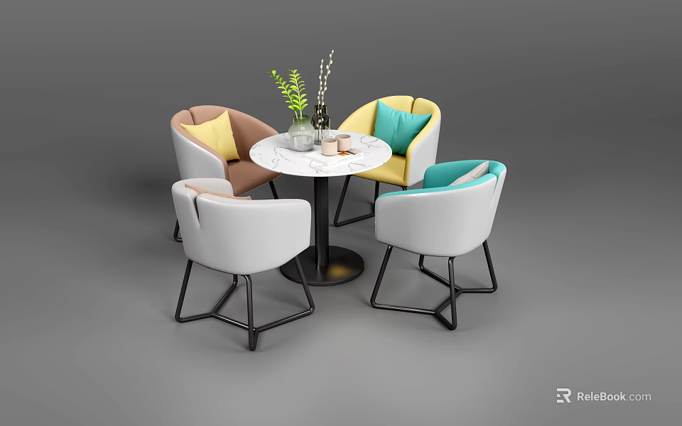 Modern Minimalist Round Table And Chair Set With Colorful Cushioned Chairs And Vase Plant 3d model 