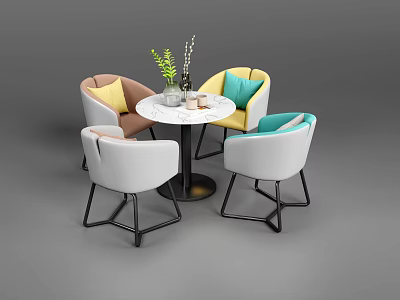 Modern Minimalist Round Table And Chair Set With Colorful Cushioned Chairs And Vase Plant 3d model