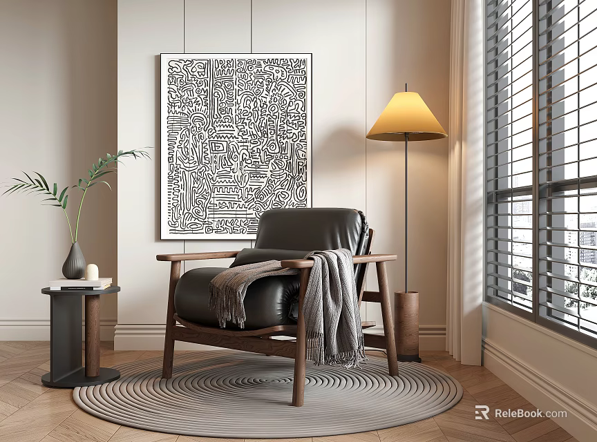 Black Leather Leisure Chair With Wooden Arms Gray Throw Blanket Floor Lamp And Abstract Wall Art 3d model 
