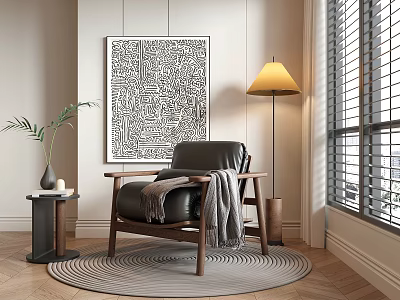 Black Leather Leisure Chair With Wooden Arms Gray Throw Blanket Floor Lamp And Abstract Wall Art 3d model