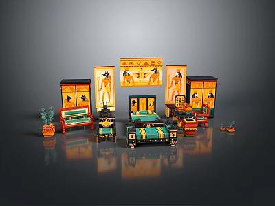 Ancient Egyptian Style Interior Setup With Decorative Screens Cabinets Bed And Plants 3d model