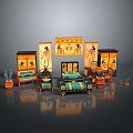 Ancient Egyptian Style Interior Setup With Decorative Screens Cabinets Bed And Plants 3d model