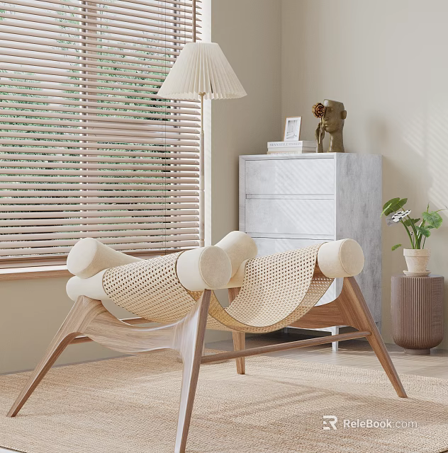 Comfortable Leisure Chair with Woven Design by Window Blinds and Marble Cabinet 3d model 