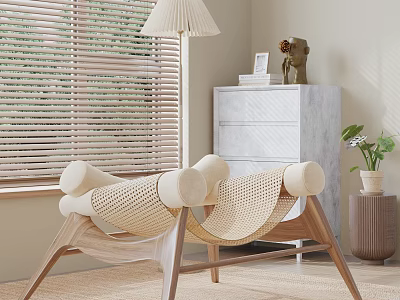 Comfortable Leisure Chair with Woven Design by Window Blinds and Marble Cabinet 3d model