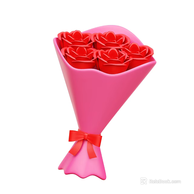 Bouquet of Fresh Red Roses Wrapped in Pink Paper with Red Bow Decoration 3d model 