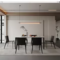 Modern Restaurant Interior With White Dining Table Black Chairs Fruits Vase And Pendant Lights