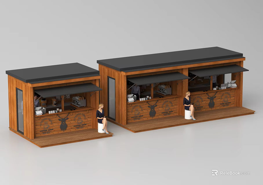 Wooden Commercial Equipment Stalls With Black Roof Awnings And People Inside 3d model 