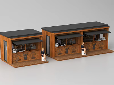 Wooden Commercial Equipment Stalls With Black Roof Awnings And People Inside 3d model