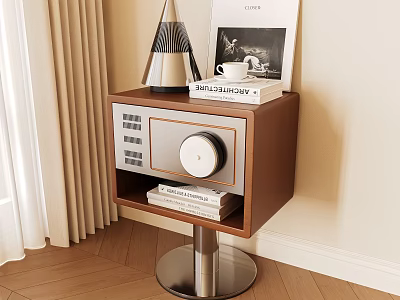 Wooden Nightstand With Stainless Steel Base Holding Books Coffee Cup And Decorative Items 3d model