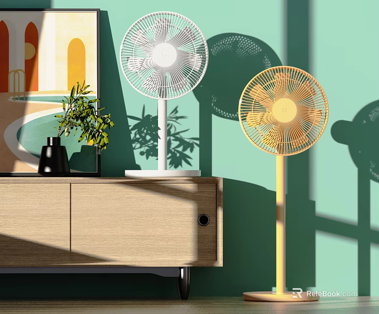 Modern White And Yellow Air Conditioner Fans In Interior With Wooden Cabinet And Green Plant 3d model 