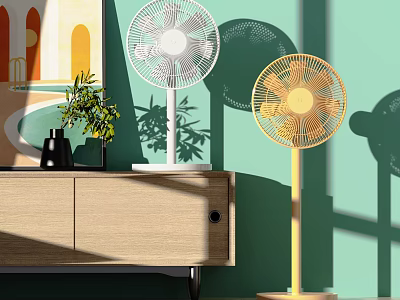 Modern White And Yellow Air Conditioner Fans In Interior With Wooden Cabinet And Green Plant 3d model
