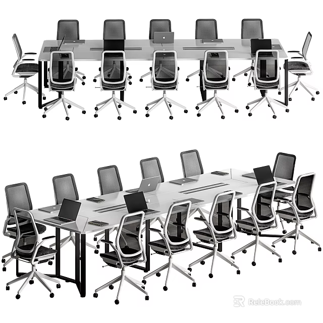 Modern Conference Table Setup With Ergonomic Chairs And Laptops For Office Meetings 3d model 