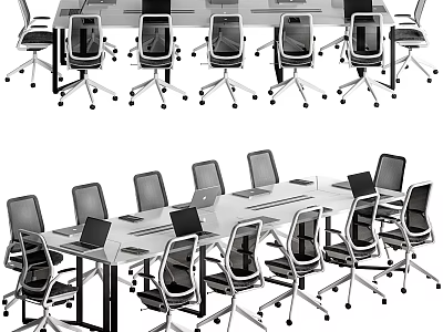 Modern Conference Table Setup With Ergonomic Chairs And Laptops For Office Meetings 3d model