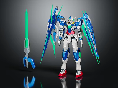White And Blue Robot Character Figure With Green Energy Blades Red Feet And Sci Fi Weapon 3d model